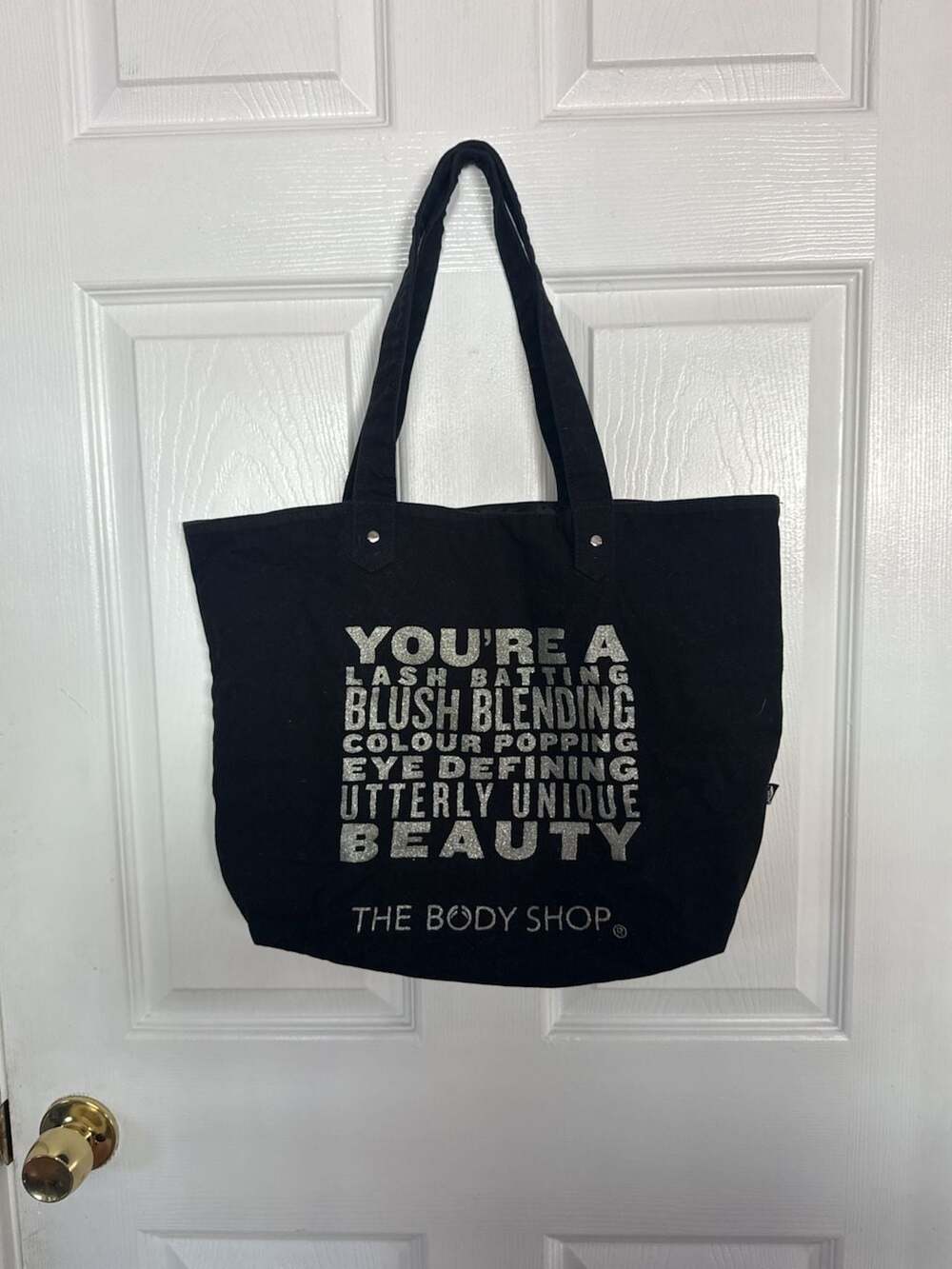 The Body Shop Black Canvas Tote Bag With Glitter Graphic